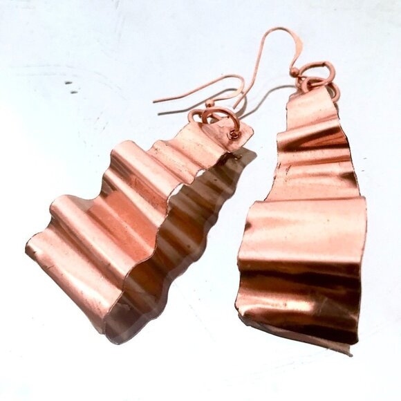 Solid Copper Crinkle Long Earrings Rustic Dangle Handmade Artisan Form Folded - Picture 6 of 8
